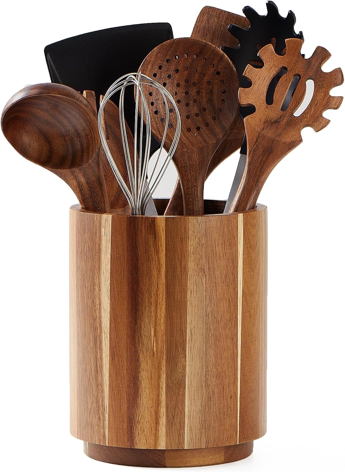 Kitchen Utensil Holder - Acacia Wood Utensil Holder, 360° Rotating,